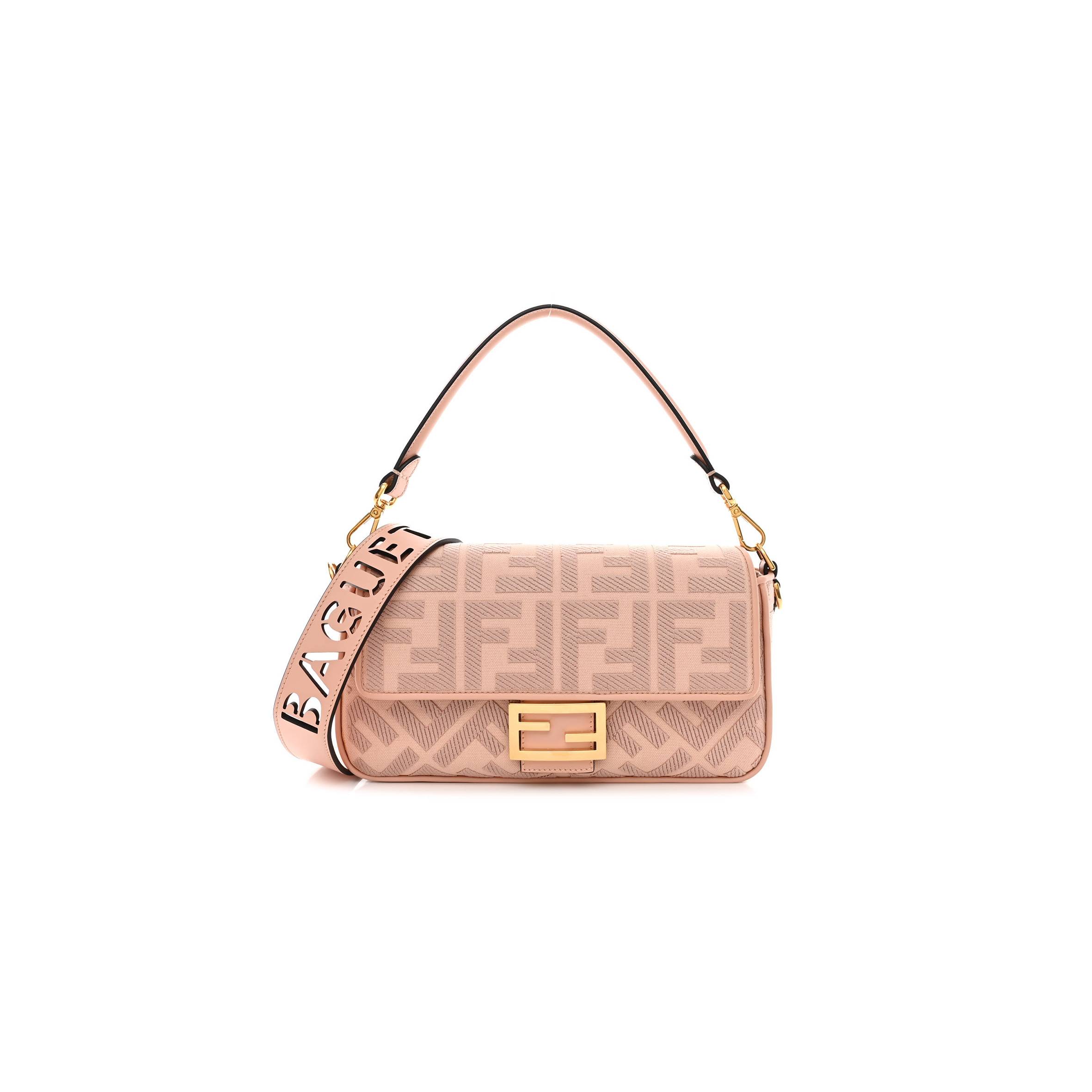 FENDI CANVAS VITELLO KING EXTRA STRAP FF EMBROIDERED BAGUETTE BABY PINK (27*15*6cm)