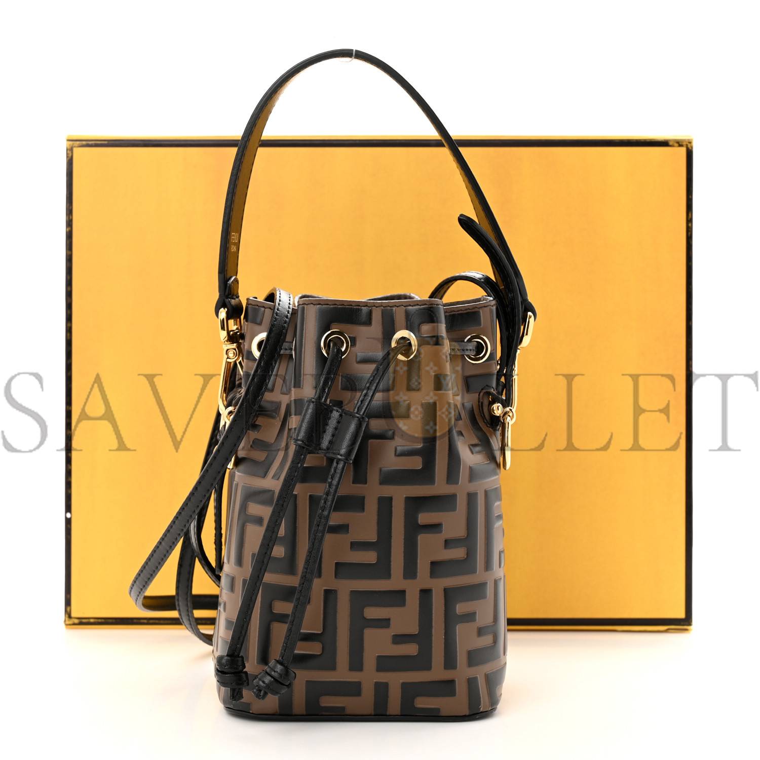 FENDI VITELLO LIBERTY F IS FENDI BI-COLOR FF 1974 EMBOSSED MINI MON TRESOR BUCKET BAG MAYA BLACK (18*12*10cm)