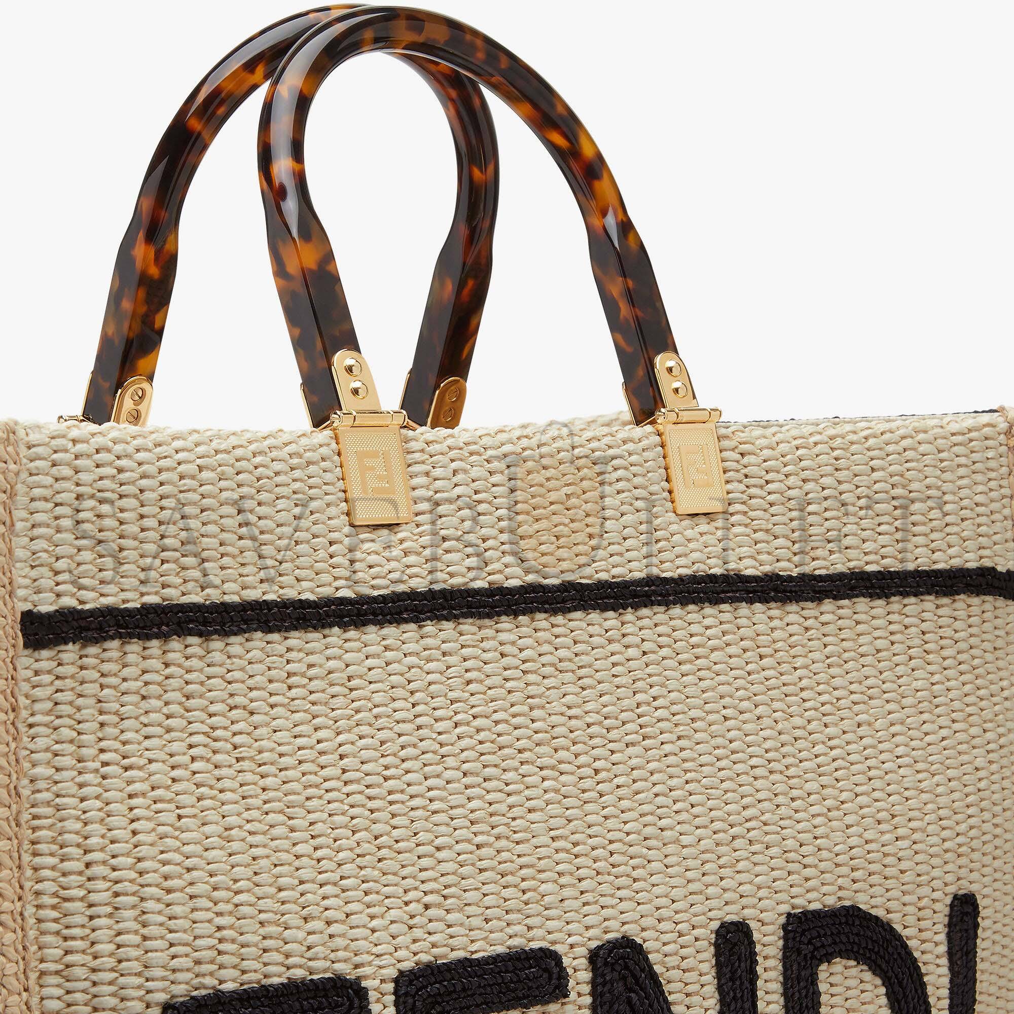 FENDI SUNSHINE MEDIUM - BEIGE AND BLACK STRAW SHOPPER 8BH386AKRPF1CBX (35*31*17cm)