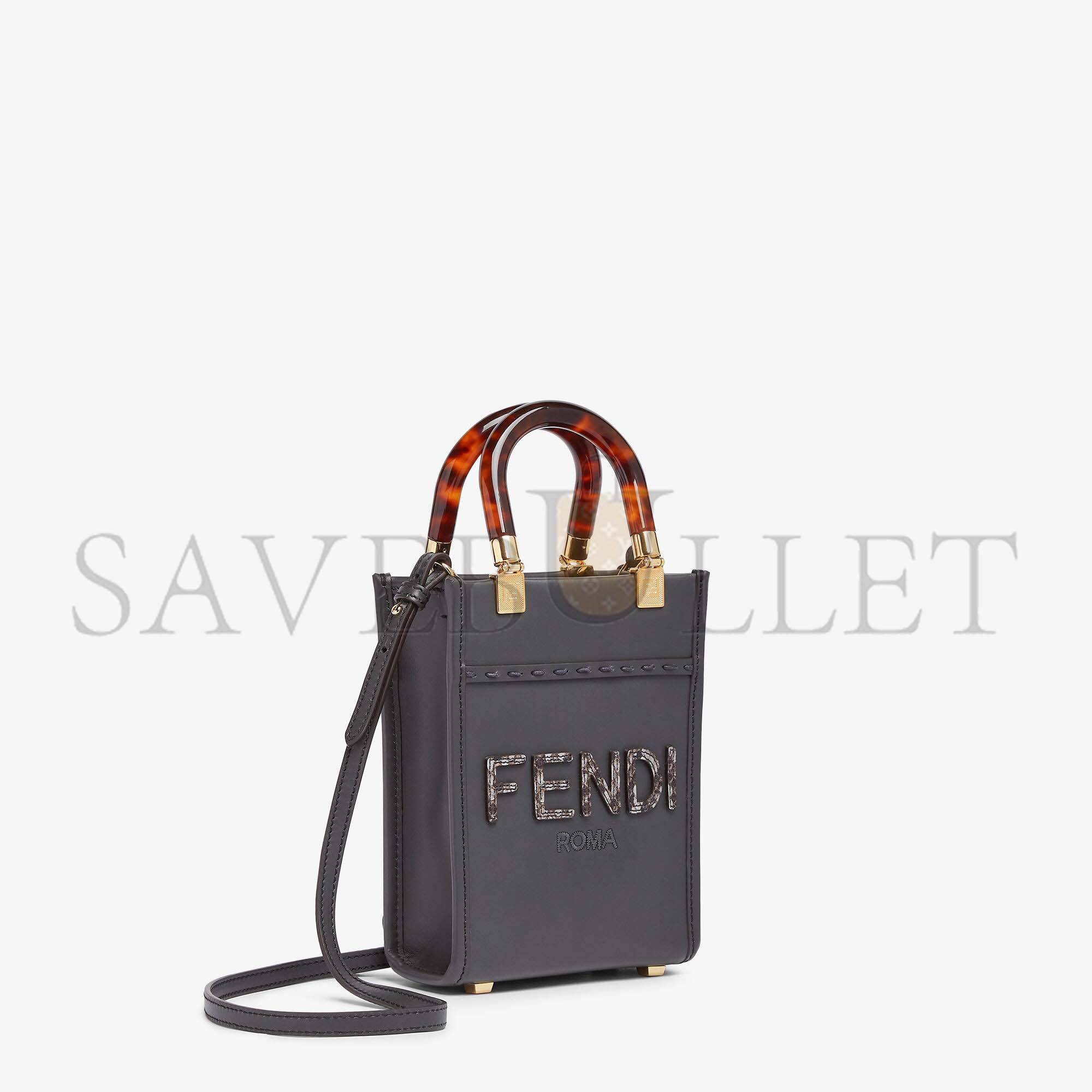 FENDI MINI SUNSHINE SHOPPER - DARK GRAY LEATHER AND ELAPHE MINI-BAG 8BS051AHN5F1DMK (18*13*6.5cm)