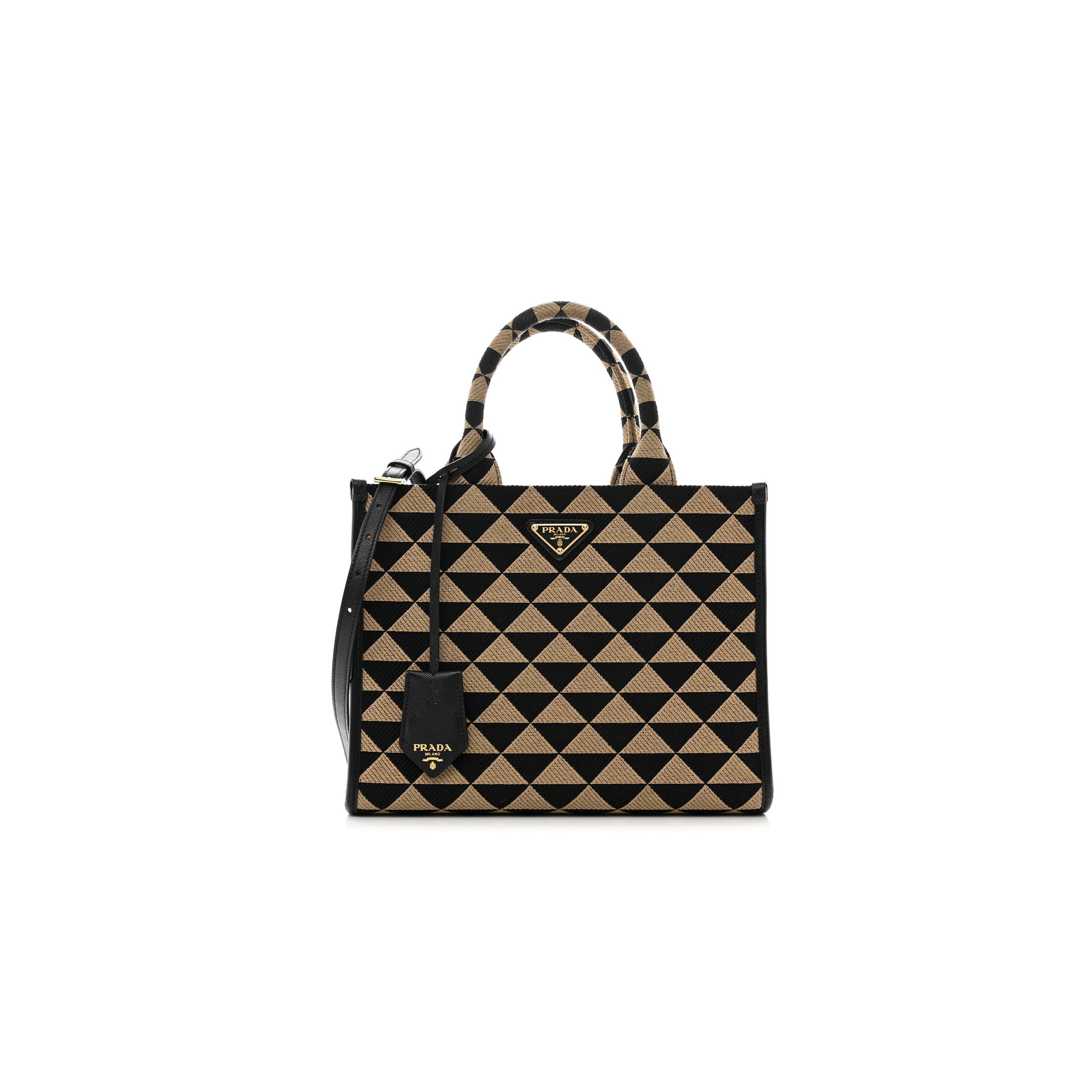 PRADA JACQUARD SAFFIANO TRIANGOLO SYMBOLE EMBROIDERED SMALL TOTE BLACK CORDA (29*22*9cm)