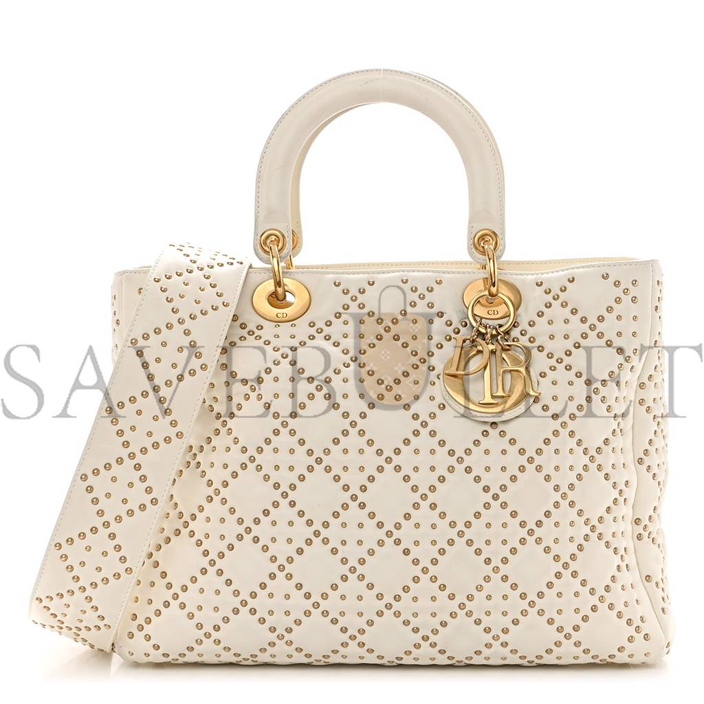 DIOR LAMBSKIN CANNAGE STUDDED LARGE SUPPLE LADY DIOR WHITE (30*25*11.4cm)