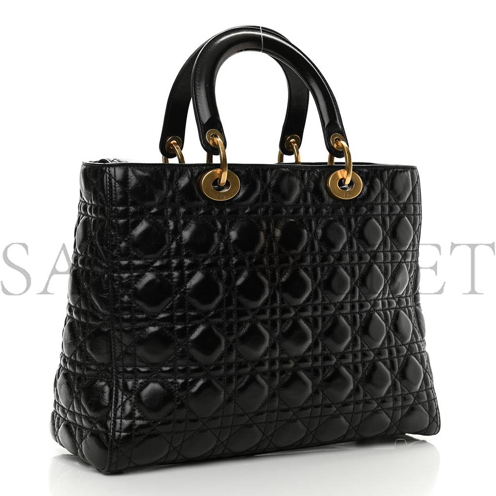 DIOR CRINKLED PATENT CANNAGE LARGE LADY DIOR BLACK (32*24*12.7cm)