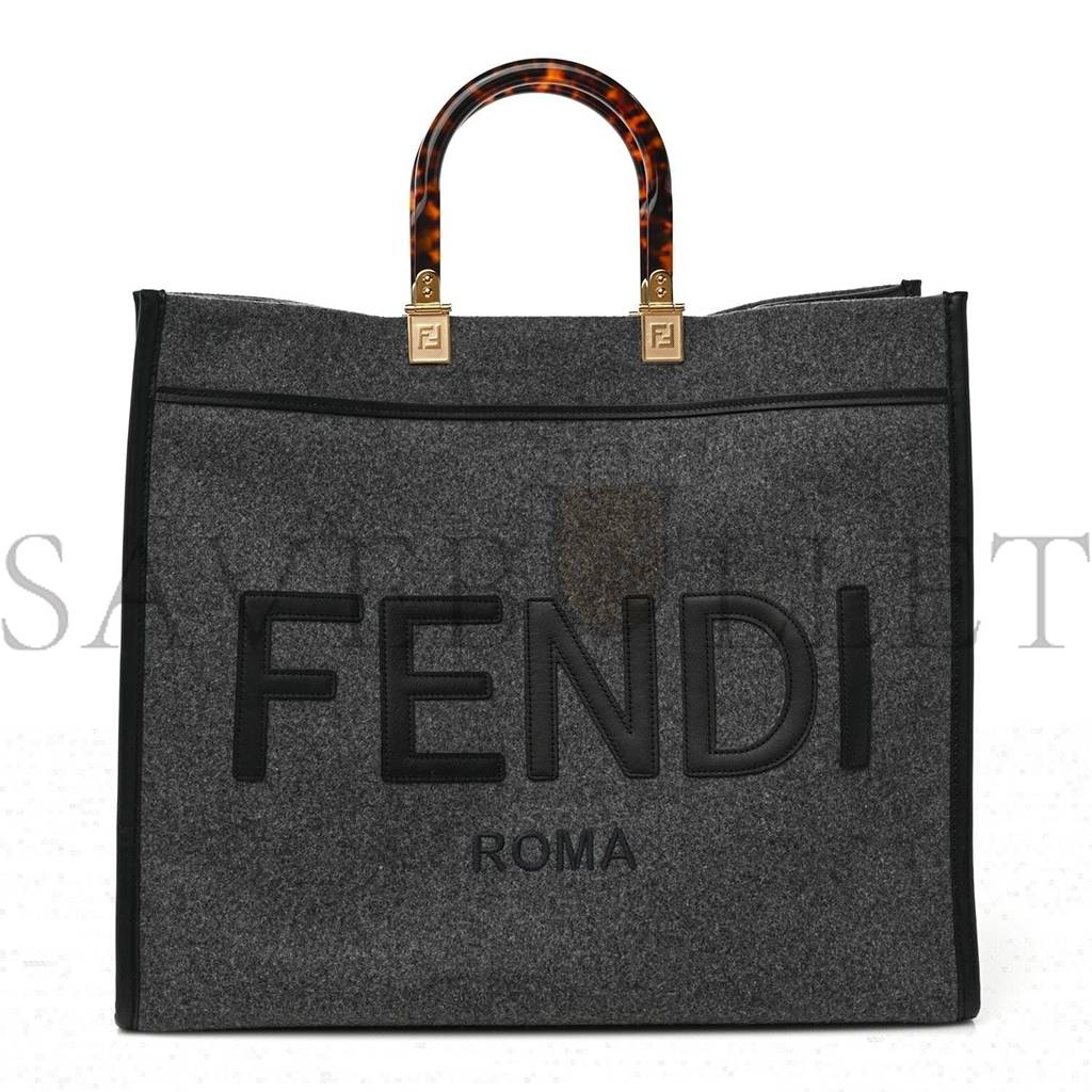 FENDI MELANGE FLANNEL PLEXIGLASS SATIN LOGO EMBROIDERED THREADED EDGE MEDIUM FENDI SUNSHINE SHOPPER TOTE GRIGIO BLACK (40*34*20cm)