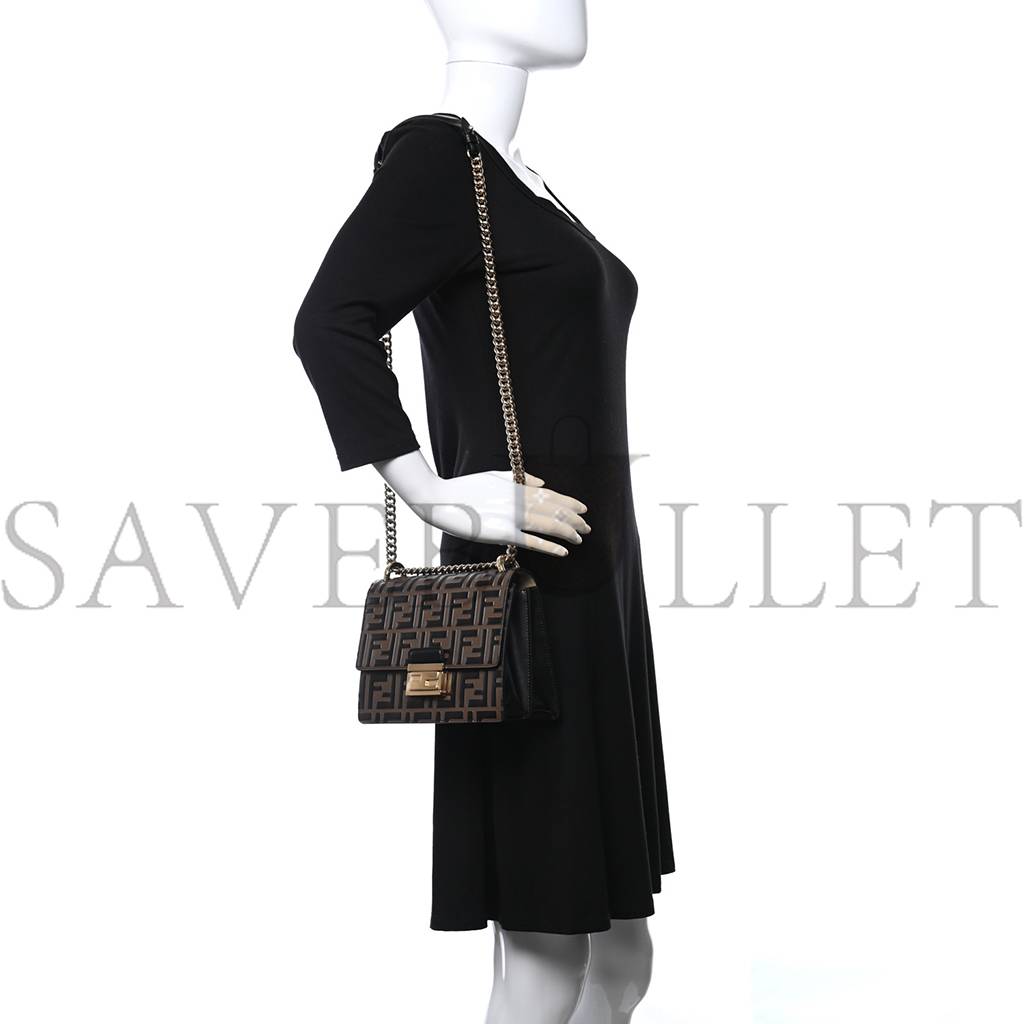 FENDI VITELLO LIBERTY BI-COLOR FF 1974 EMBOSSED SMALL KAN U SHOULDER BAG MAYA BLACK (19*15*8cm)